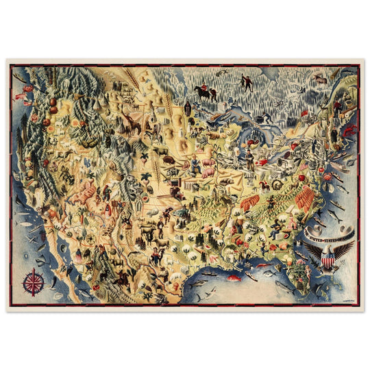 United States of America vintage old map by Miguel Covarrubias.
