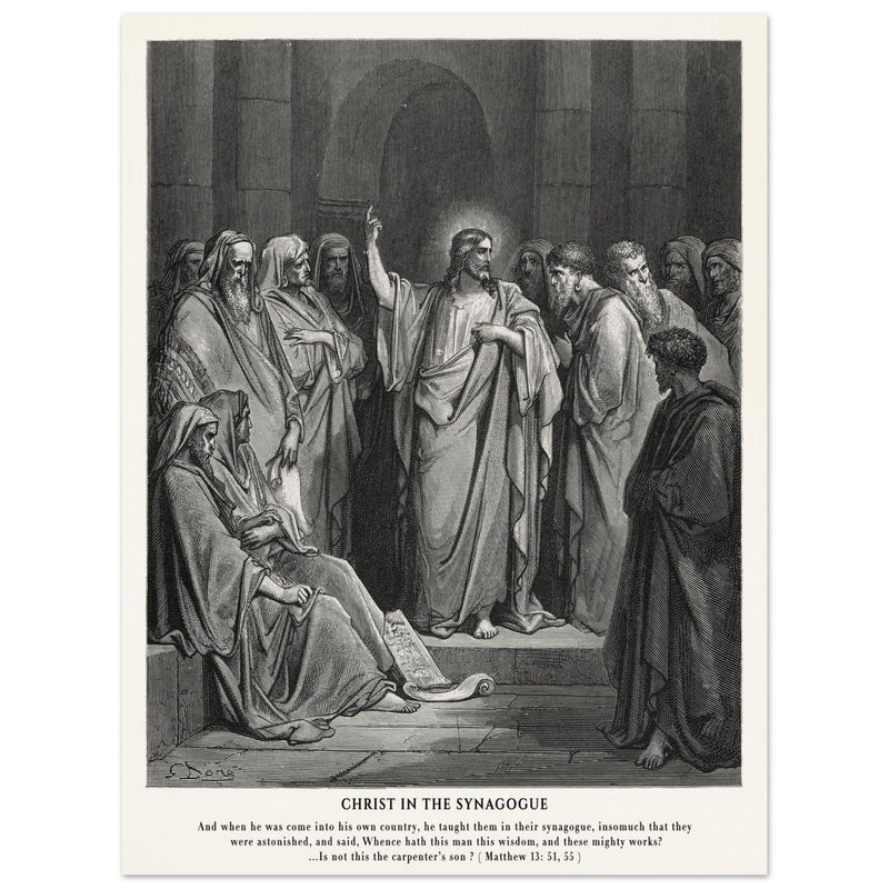 Gustave Dore The Bible engraving print . Christ in the synagogue illustration .