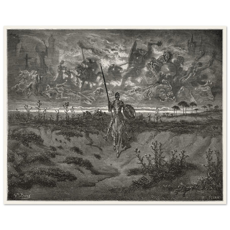 Don Quixote riding his horse by Gustave Dore dreaming of a life full of adventures.