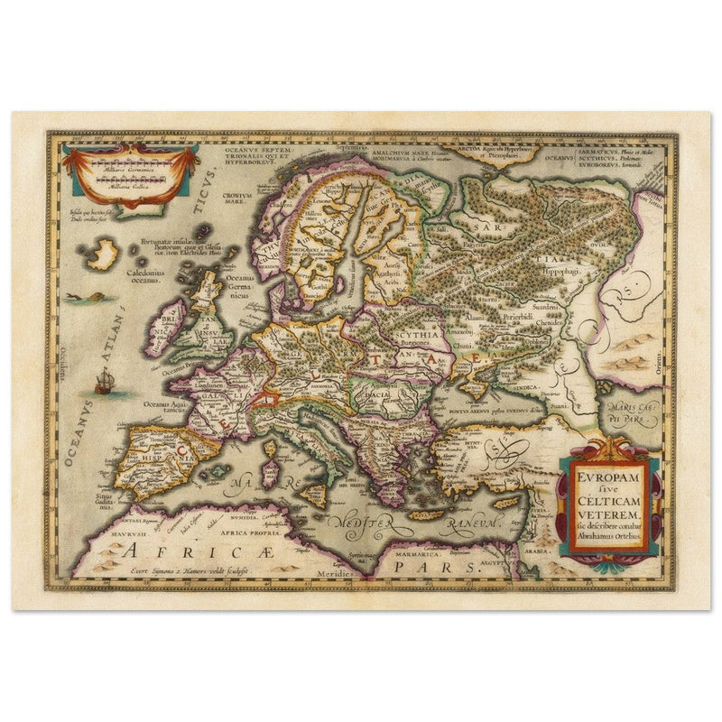 Ancient map of Europe and the Celts. Europam sive Celticam veterem by Abraham Ortelius.