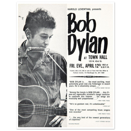 Bob Dylan concert poster Town Hall in New York City in 1963 performance.