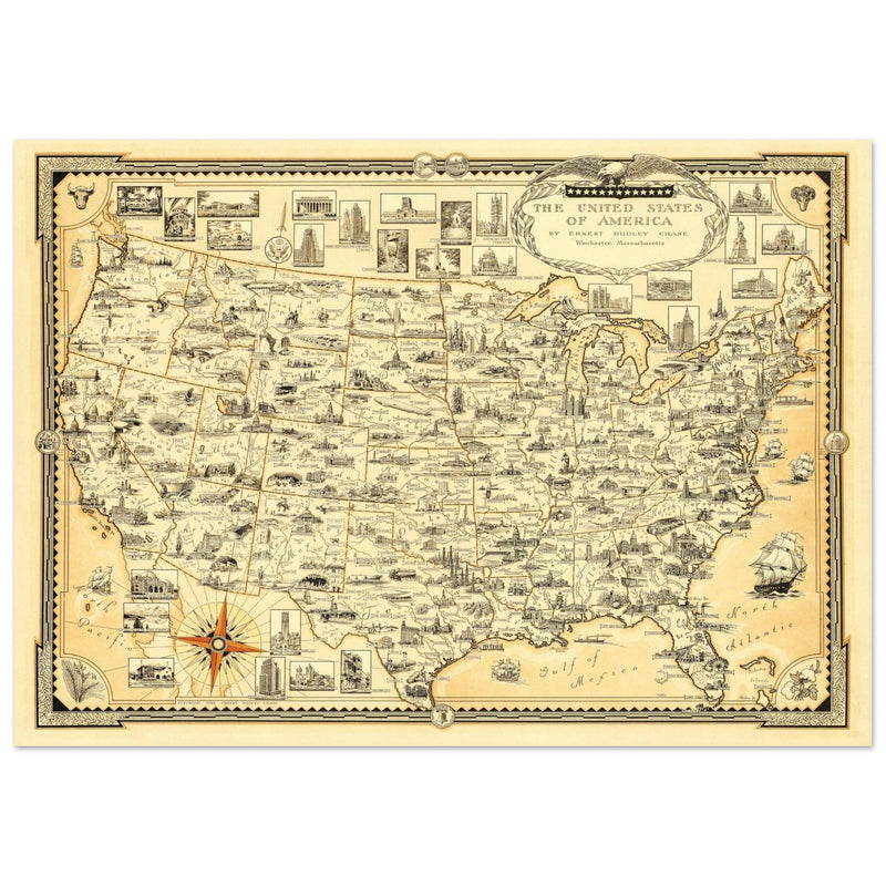 United States of America vintage map by Ernest Dudley Chase celebrating landmarks and national symbols of identity.