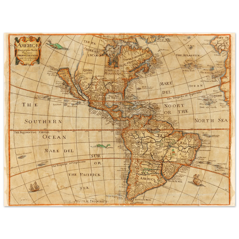 Ancient map of America. "Americae Descriptio Nova" by Philip Chetwind
