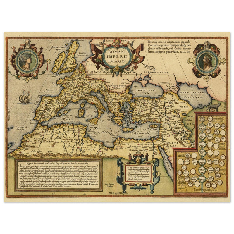 Old map of the Roman Empire by Abraham Ortelius . Poster vintage reproduction of 1579 cartography