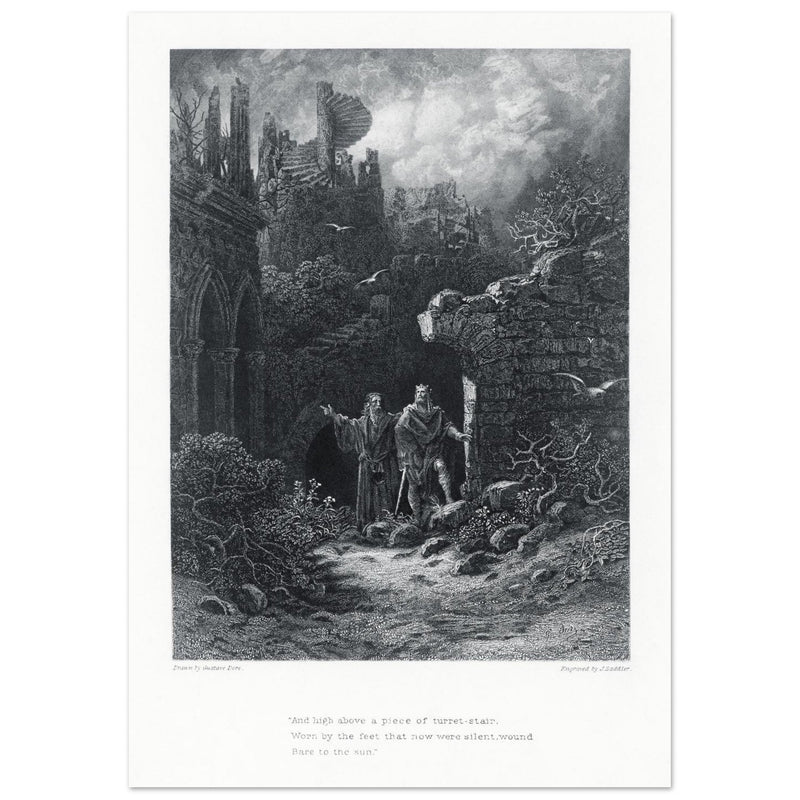 Gustave Dore illustration of King Arthur legends. Yniol Shows Prince Geraint His Ruined Castle. Idylls of the King by Alfred Tennyson