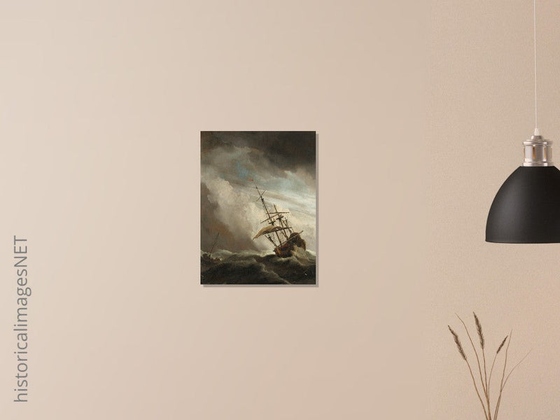 Willem van de Velde A Ship on the High Seas Caught by a Squall, Known as The Gust. Old marine painting. Stormy sea.
