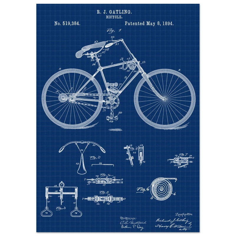 Vintage bicycle patent by Richard J Gatling 1894