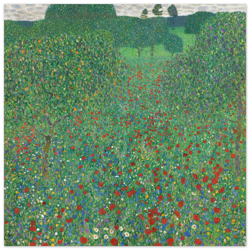 Gustav Klimt Flowering Poppies painting Green landscape .