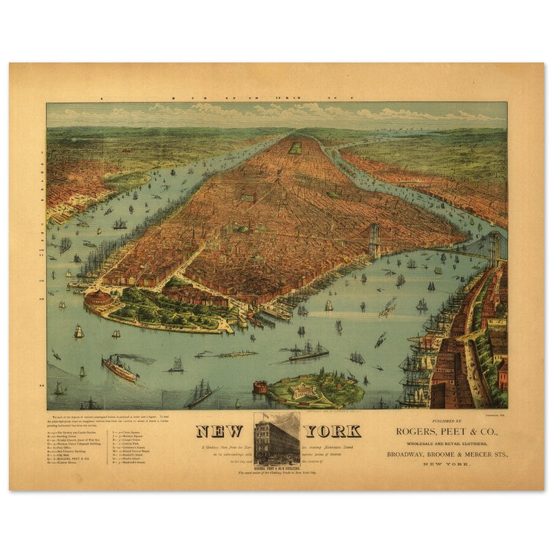 New York City aerial view vintage antique print. Old  with the bird's eye view of Manhattan.