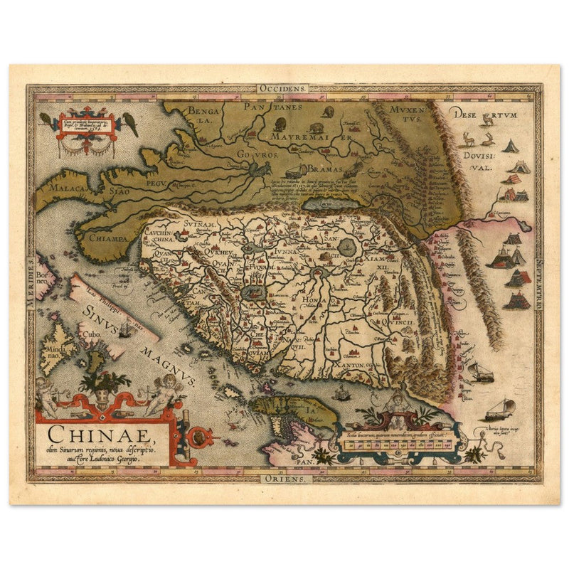 Ancient map of China by cartographer Abraham Ortelius 1584. Vintage historic map.