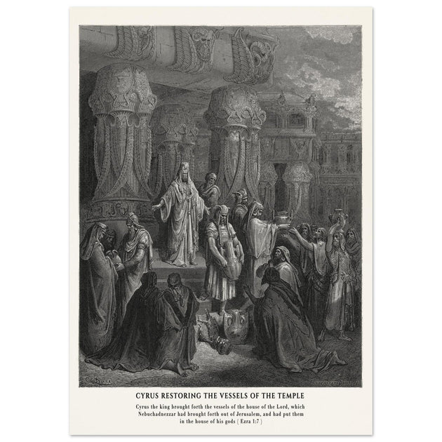 Gustave Dore The Bible engraving print . Cyrus restoring the vessesls of the temple .