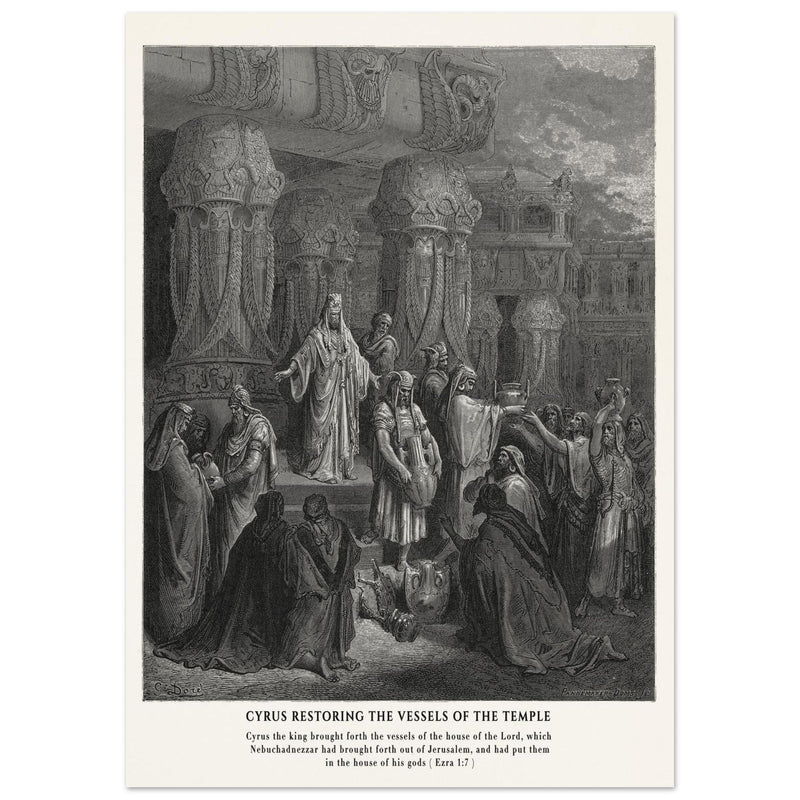 Gustave Dore The Bible engraving print . Cyrus restoring the vessesls of the temple .