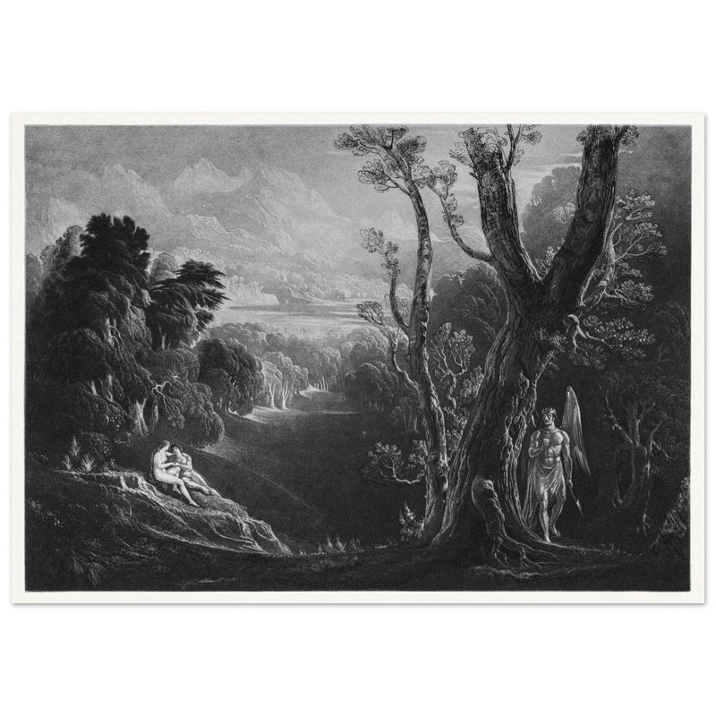 John Martin mezzotint engraving . Satan Contemplating Adam and Eve in Paradise. Paradise Lost by Milton.