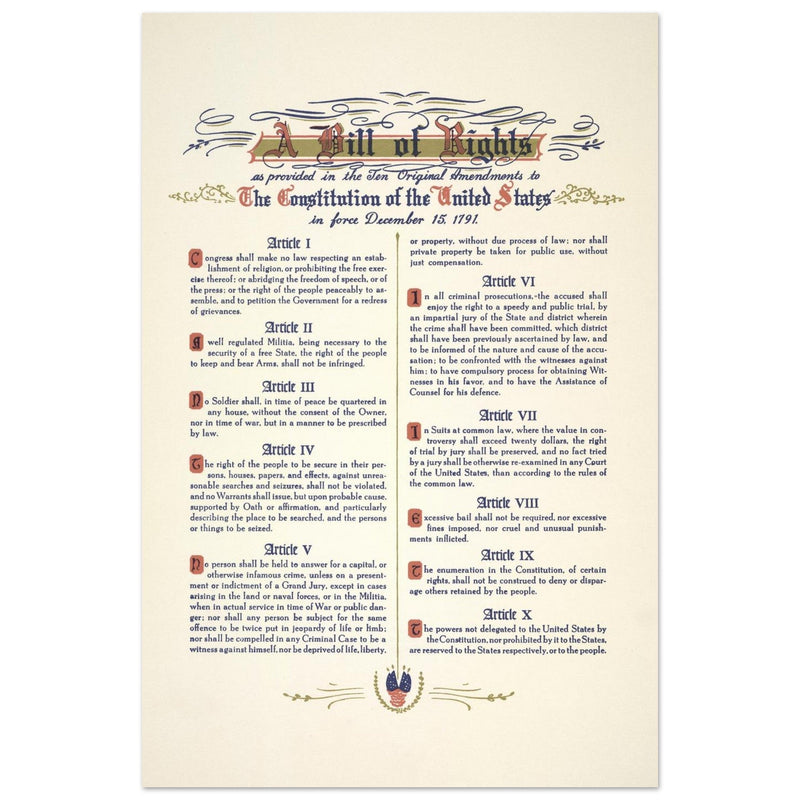 A Bill of Rights as provided in the ten original amendments to the constitution of the United States of America.