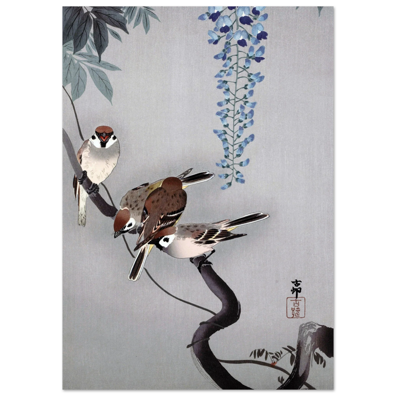 Ring sparrows at wisteria by Ohara Koson