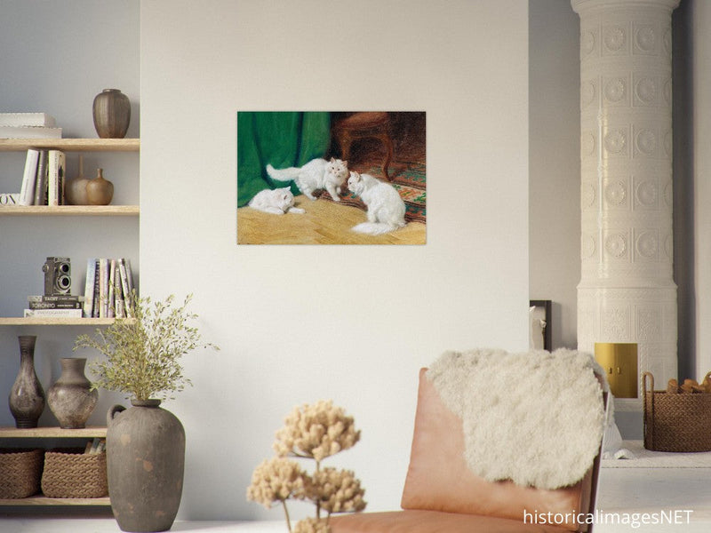 Three white cats playing old painting by Arthur Heyer.