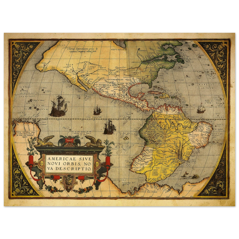 America ancient map. Americae sive novi orbis, nova descriptio by Abraham Ortelius