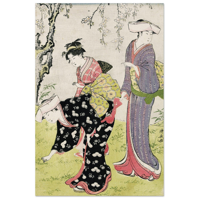 Two women and a girl under a blossoming cherry tree by Torii Kiyonaga XVIII Century Woodblock print reproduction .