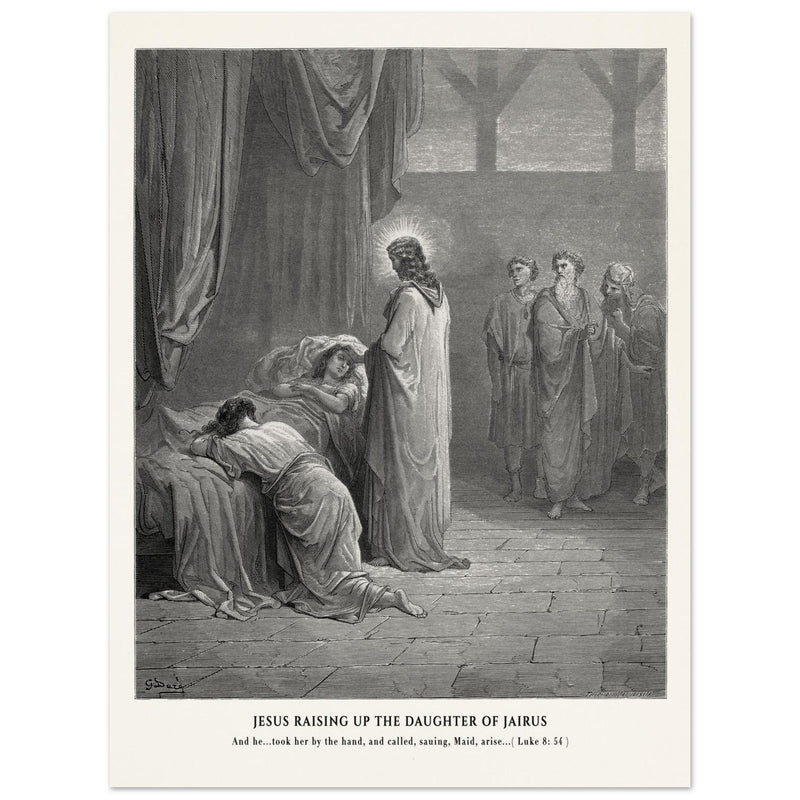 Gustave Dore The Bible engraving print . Jesus raising up the daughter of Jairus miracle .