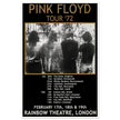Pink Floyd music concert poster part of tour 72 Rainbow Theatre London.