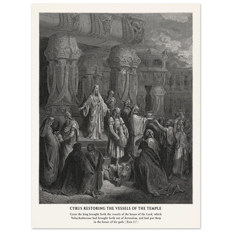 Gustave Dore The Bible engraving print . Cyrus restoring the vessesls of the temple .