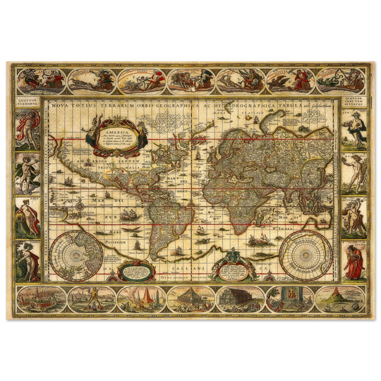 Ancient world map print by Willem Janszoon. Poster of antique vintage old map of 1647.