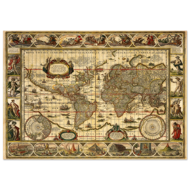 Ancient world map print by Willem Janszoon. Poster of antique vintage old map of 1647.