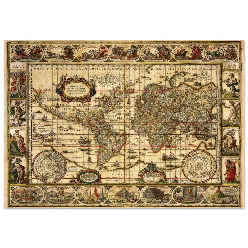 Ancient world map print by Willem Janszoon. Poster of antique vintage old map of 1647.