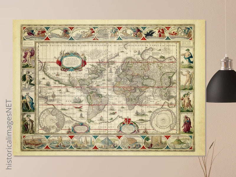 Ancient old world map 1638. Noua totius terrarum orbis geographica ac hydrographica tabula by Willem Janszoon Blaeu