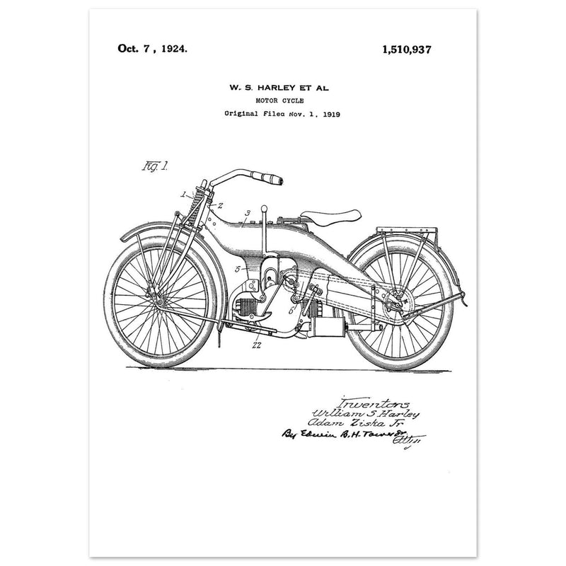 Vintage motorcycle patent by William S Harley founder of harley davidson.