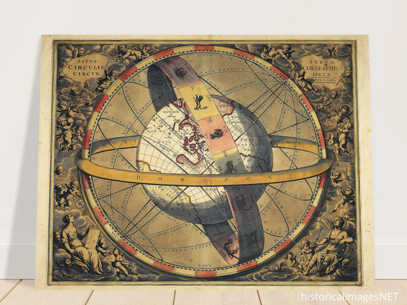Ptolemaic map of the universe with the spherical earth. Celestial map. Situs Circulis Circun / Terrae Coelestibus Datae by Petrum Schenk