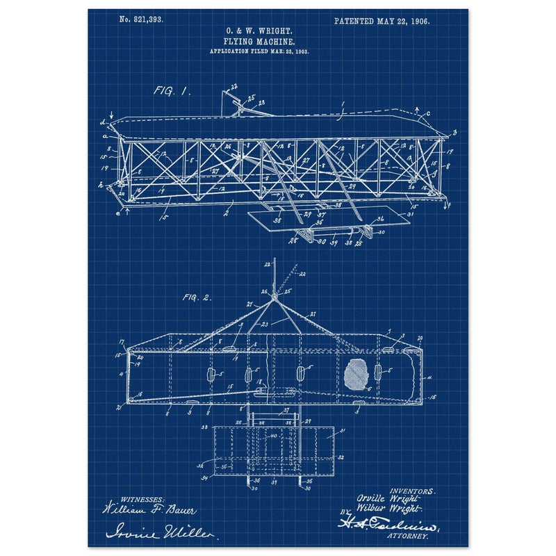 Flying machine patent 1906 by the Wright brothers. Vintage airplane.