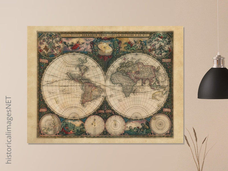 Double hemisphere old world map by Frederik de Wit. Nova Totius Terrarum Orbis Tabula
