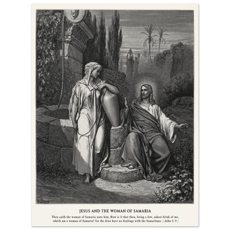 Gustave Dore The Bible engraving print . Jesus and the woman of Samaria illustration .