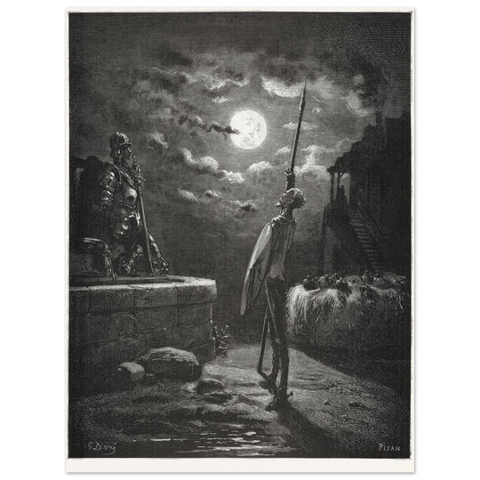 Don Quixote by Gustave Dore. The knight raising his sword against the moon at night.