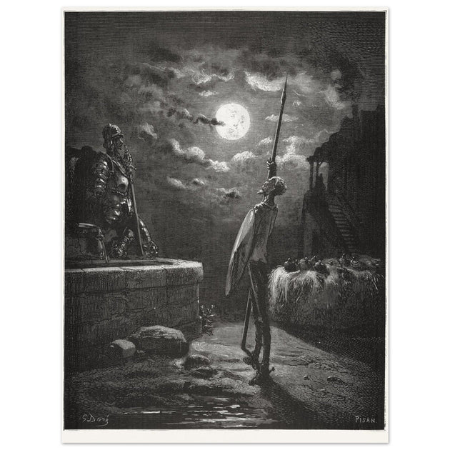 Don Quixote by Gustave Dore. The knight raising his sword against the moon at night.