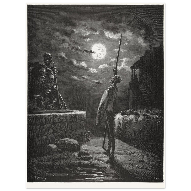 Don Quixote by Gustave Dore. The knight raising his sword against the moon at night.