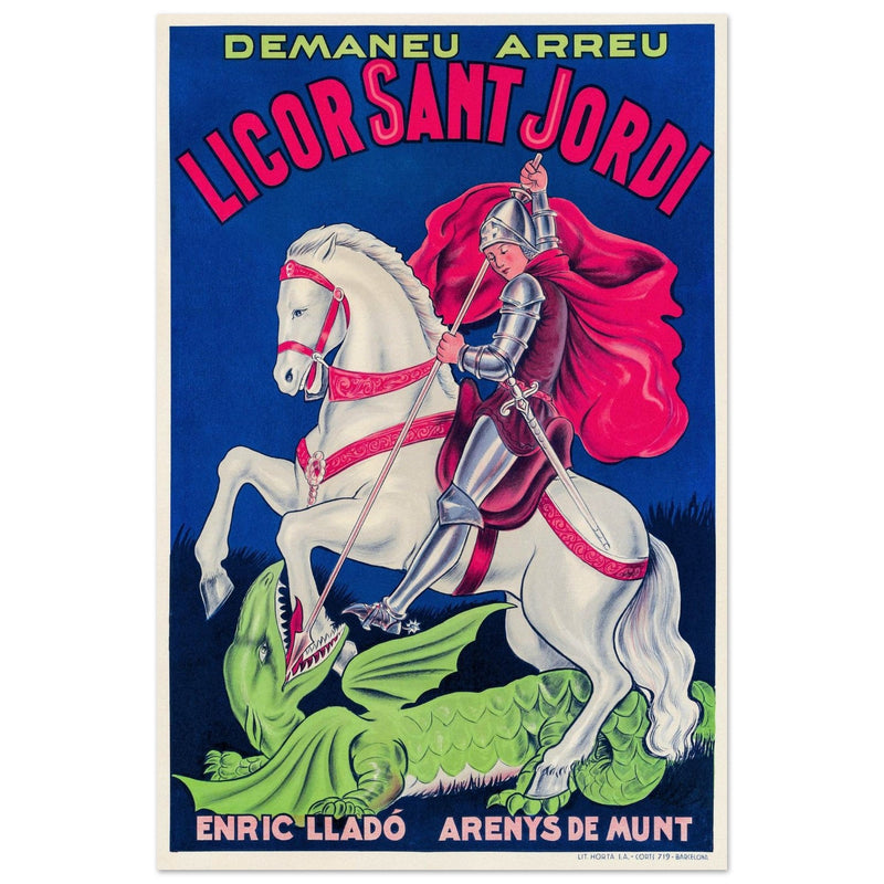 Saint George killing the dragon vintage liquor poster Enric Llado .