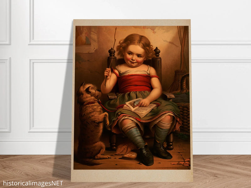 Little girl teaching dog poster reproduction by James Fuller Queen XIX Century
