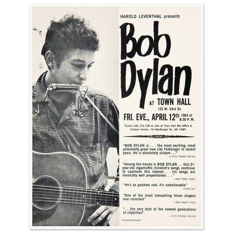 Bob Dylan concert poster Town Hall in New York City in 1963 performance.