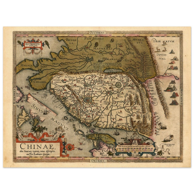 Ancient map of China by cartographer Abraham Ortelius 1584. Vintage historic map.