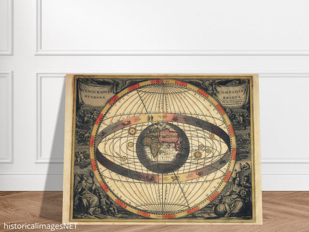 Vintage planet earth world map. Antique retro universe illustration. Zodiac astronomic chart.