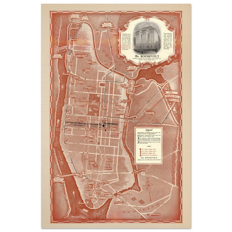 1938 New York City map. Created as an advertisement for the Roosevelt Hotel it includes major streets of Manhattan