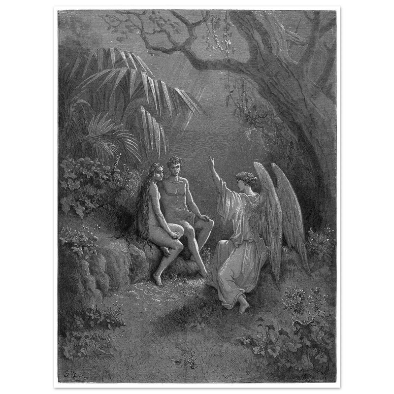Gustave Dore Paradise Lost engraving . Archangel Rapahel with Adam and Eve in Eden.