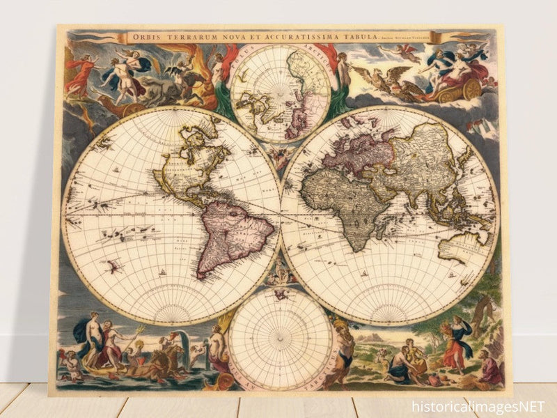 Old world map Orbis Terrarum Nova et Accuratissima Tabula by Nicolaes Visscher 1658.