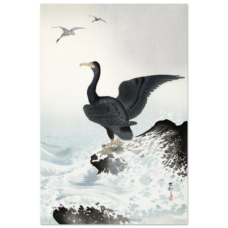 Ohara Koson Red-faced cormorant on rock, woodblock print  art