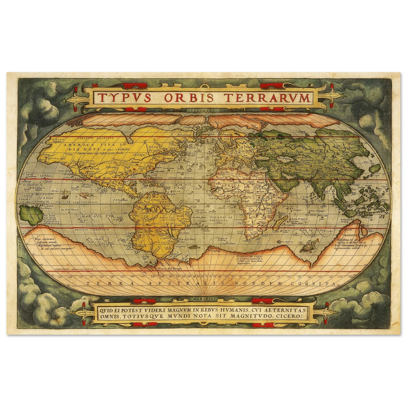 Ancient map reproduction print of a world map of 1579 Typus Orbis Terrarum by Abraham Ortelius.