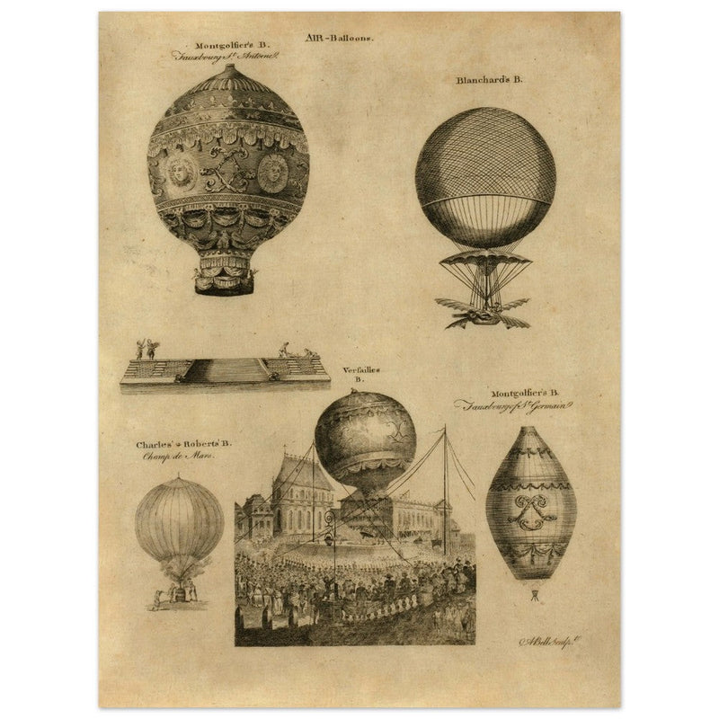 Early balloon ascensions in France. XVIII Century illustration drawing.