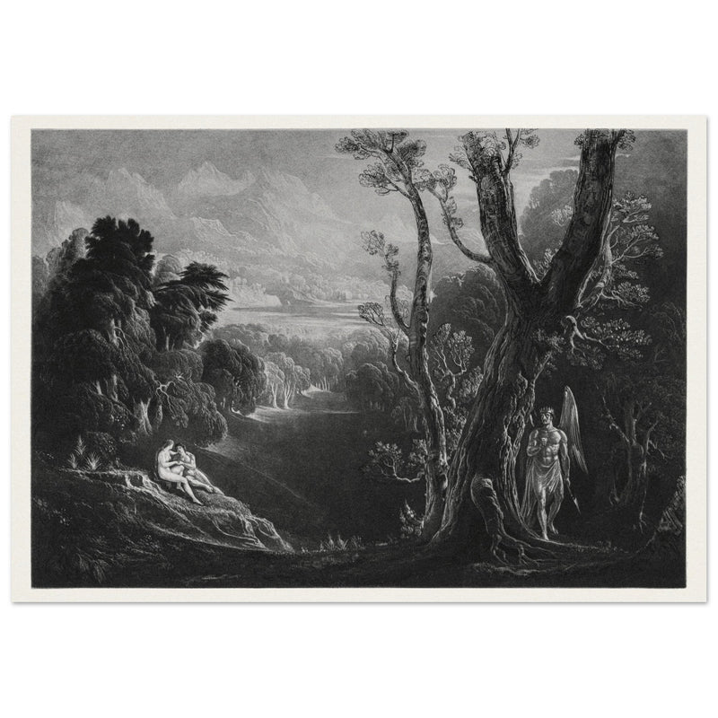 John Martin mezzotint engraving . Satan Contemplating Adam and Eve in Paradise. Paradise Lost by Milton.