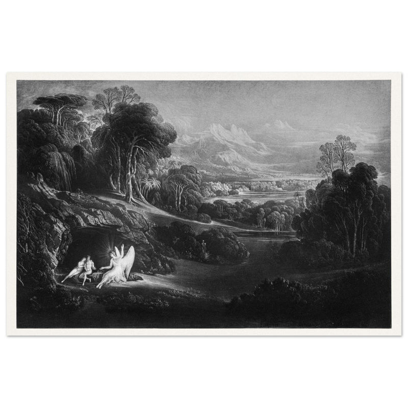 John Martin Paradise Lost vintage mezzoting engraving . Raphael Conversing with Adam and Eve .